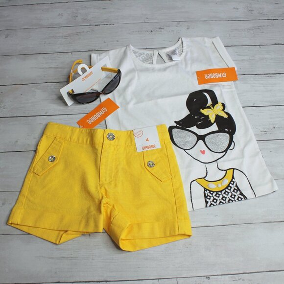 Gymboree Vintage Girl's Top Shorts Sunglasses Size 4 Black Yellow - Picture 2 of 11